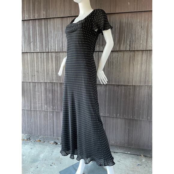 🔥Donna Ricco 10% Silk Black & Brown Polkadots Bias Cut Flutter Sleeve Dress - Picture 2 of 16